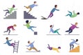 Set of falling male isolated. Falling from chair accident, falling down stairs, slipping, stumbling falling man vector Royalty Free Stock Photo