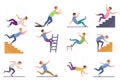 Set of falling man isolated. Falling from chair accident, falling down stairs, slipping, stumbling falling man vector