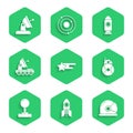 Set Falling star, Rocket ship, Astronaut helmet, Robot, Joystick, Mars rover, and Satellite dish icon. Vector