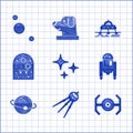 Set Falling star, Satellite, Cosmic ship, Robot, Planet, Alien, Mars rover and Solar system icon. Vector