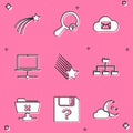 Set Falling star, Unknown search, Cloud mail server, Computer network, and Folder tree icon. Vector Royalty Free Stock Photo