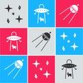 Set Falling stars, UFO abducts cow and Satellite icon. Vector Royalty Free Stock Photo