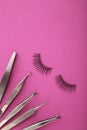 Set of false eyelashes extencions on pink background with tweezers. Minimalism. Verctical photo Royalty Free Stock Photo