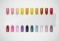 Set of false nails for manicure. Tips. Varnish color palette for nail extension. Artificial nails on transparent basis.