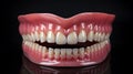 set of false teeth on black background