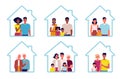 Set of families of different nationalities stay at home. Different families, young and old, with and without children