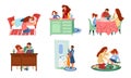 Set of families in everyday situations enjoying life vector illustration Royalty Free Stock Photo