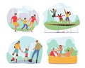 Set Family Activities, Happy Mother, Father And Children Walking, Kids Jumping On Trampoline. Young Parents And Daughter Royalty Free Stock Photo