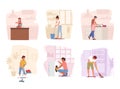 Set Family Cleaning Home. Parents and Kids Characters Washing Dishes and Clothes, Sweeping and Mopping the Floor Royalty Free Stock Photo