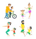 Set of family couples in fitness activities. Parents playing in active games with their children