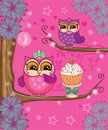 Set, family of cute funny owls and cake on tree. Happy birthday or party card for friends. Children cartoon fairytale illustration Royalty Free Stock Photo