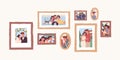 Set of family photo portraits in frames. Memorable pictures of happy parents and children at important moments and