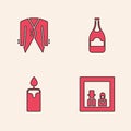 Set Family photo, Suit, Champagne bottle and Burning candle icon. Vector