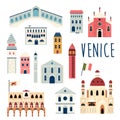 Set of famous buildings and landmarks of Venice. Vector bright set. Royalty Free Stock Photo