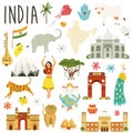 Set of famous symbols, landmarks, animals of India. Vector flat collection