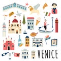 Set of famous symbols and landmarks of Venice. Vector bright set. Royalty Free Stock Photo