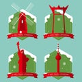 Set of famous world landmark buildings icons with Christmas badge in flat design .