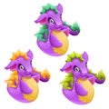 Set of fantasy animals purple color isolated on white background. Cartoon sea dragon. Vector illustration. Royalty Free Stock Photo