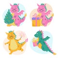 Set of fantasy cute dragon Christmas card