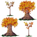 Set fantasy of deciduous trees in the fall isolated on white background. Vector cartoon close-up illustration.