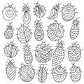 Set of fantasy insects, contour doodle bugs with patterns and curls for design and creativity