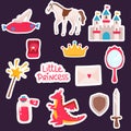 Set of fantasy unicorns and other items sticker princess fairy tale, horse, mirror, Royalty Free Stock Photo
