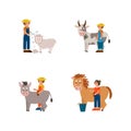 Set of farm animals breeding by humans. Stock with a farmer, a working man who raises cattle. Colorful cartoon collection of