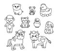 Set with farm animals - cat, horse, chicken, chicken, pig, sheep, cow. Hand draw linear illustration. Vector on isolated Royalty Free Stock Photo