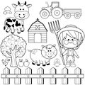 Farmer boy and animals. Vector black and white coloring page. Royalty Free Stock Photo