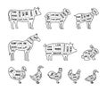 Set of Farm animals outline cuts. Pig, Horse, Turkey, Goat, Sheep, Chicken, Rooster, Duck, Rabbit, Goose, Cow cuts of Royalty Free Stock Photo