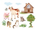 Set of farm animals and pets includes cow, cat, goose and pig. House, tree, flowers, cattle and butterfly are suitable for Royalty Free Stock Photo