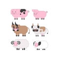 Set with farm animals: pig, cow, bull, sheep. Color vector illustration on white background.