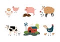 Set of farm animals and red barn. Agriculture, animal husbandry, poultry farming cartoon vector illustration Royalty Free Stock Photo