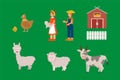A set of farm animals and related items. Vector collection of livestock, farmers, sheds with a family of chickens