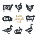 Set of farm animals with sample text. Silhouettes hand drawn animals: cow, rooster, chicken, sheep, pig, rabbit, duck, goose. Royalty Free Stock Photo