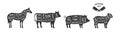 Set of farm animals scheme cuts. Butcher diagram poster. Pig, Horse, Sheep, Cow cuts of meats. Meat diagram scheme Royalty Free Stock Photo
