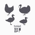 Set of farm birds silhouettes. Chicken, turkey