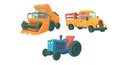 Set of farm cartoon machine. Combine harvester, orange retro truck and farming tractor.