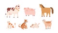 Set of farm and domestic animals and pets. Adorable cow with bell, funny pig, horse, goat, rabbit, dog with collar and