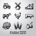 Set of Farm freehand icons - tractor, wind mill