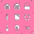 Set Farm house, Basket, Carrot, Bucket, Horseshoe, Garden trowel spade shovel and Tree icon. Vector