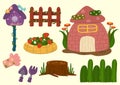 Set of farm house, bird house, Strawberries in Pot, Wooden Fence with flower
