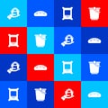 Set Farm house in hand, Bread loaf, Fertilizer bag and Bucket icon. Vector Royalty Free Stock Photo