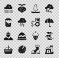 Set Farm house, Leaf or leaves, Umbrella, Tree, Storm, Jam jar, Windy weather and Tractor icon. Vector