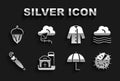 Set Farm house, Windy weather, Chestnut, Umbrella, Raincoat, Acorn and Kite icon. Vector Royalty Free Stock Photo