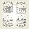 Set of farm landscapes with field views. Vector farmlands isolated on background.