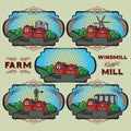 Set of farm, mill, windmill, rural landscape