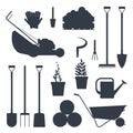 Set farm tools flat black silhouette- illustration. Garden instruments icon collection isolated on white background. Farming
