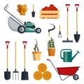 Set farm tools flat-vector illustration. Garden instruments icon collection, shovel, pitchfork, rake, lawnmower, gloves