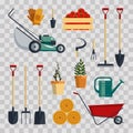 Set farm tools flat-vector illustration. Garden instruments icon collection on transparent background. Farming equipment